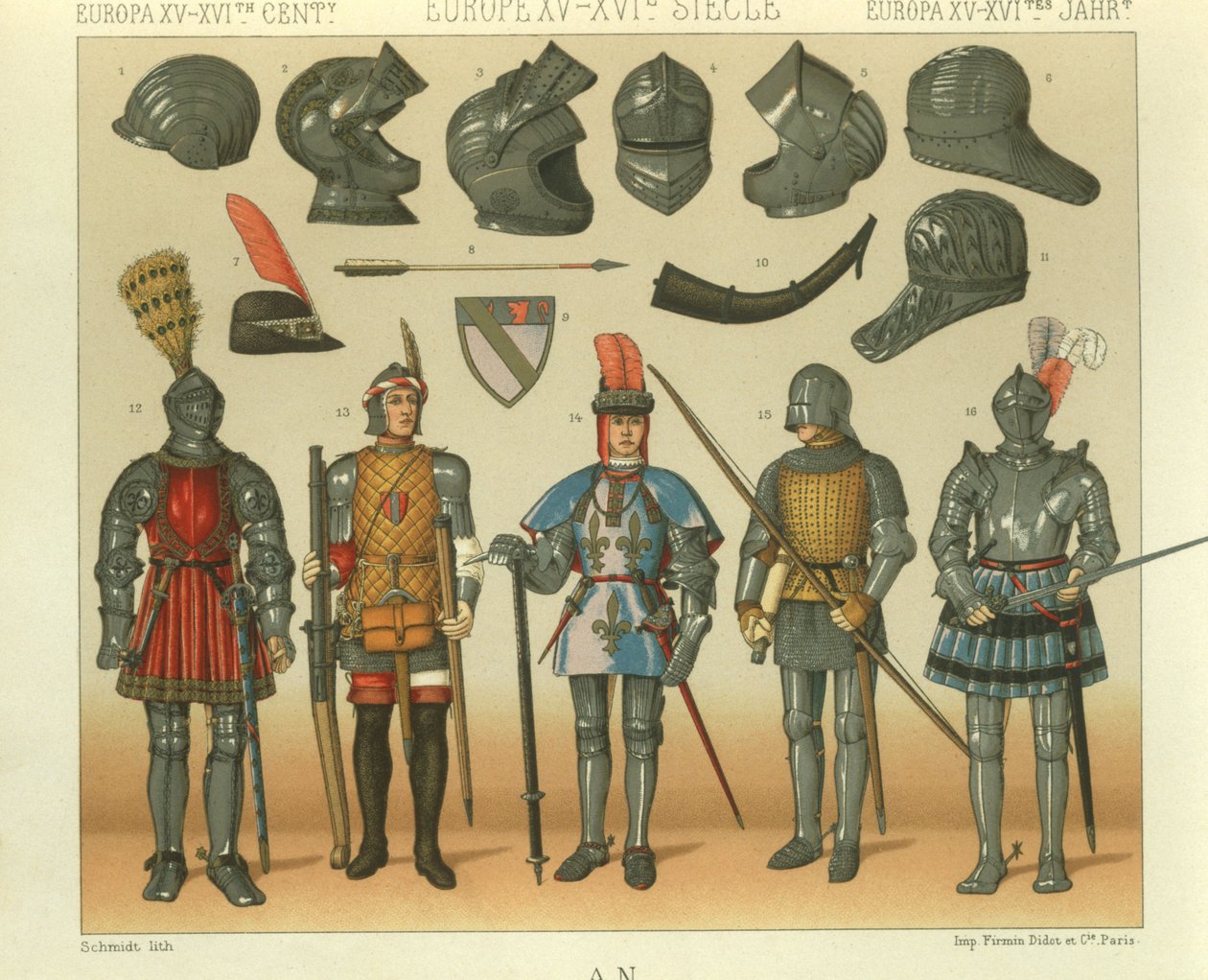 Ilustracja zbroi europejskich wojowników autorstwa Albert Charles August Racinet