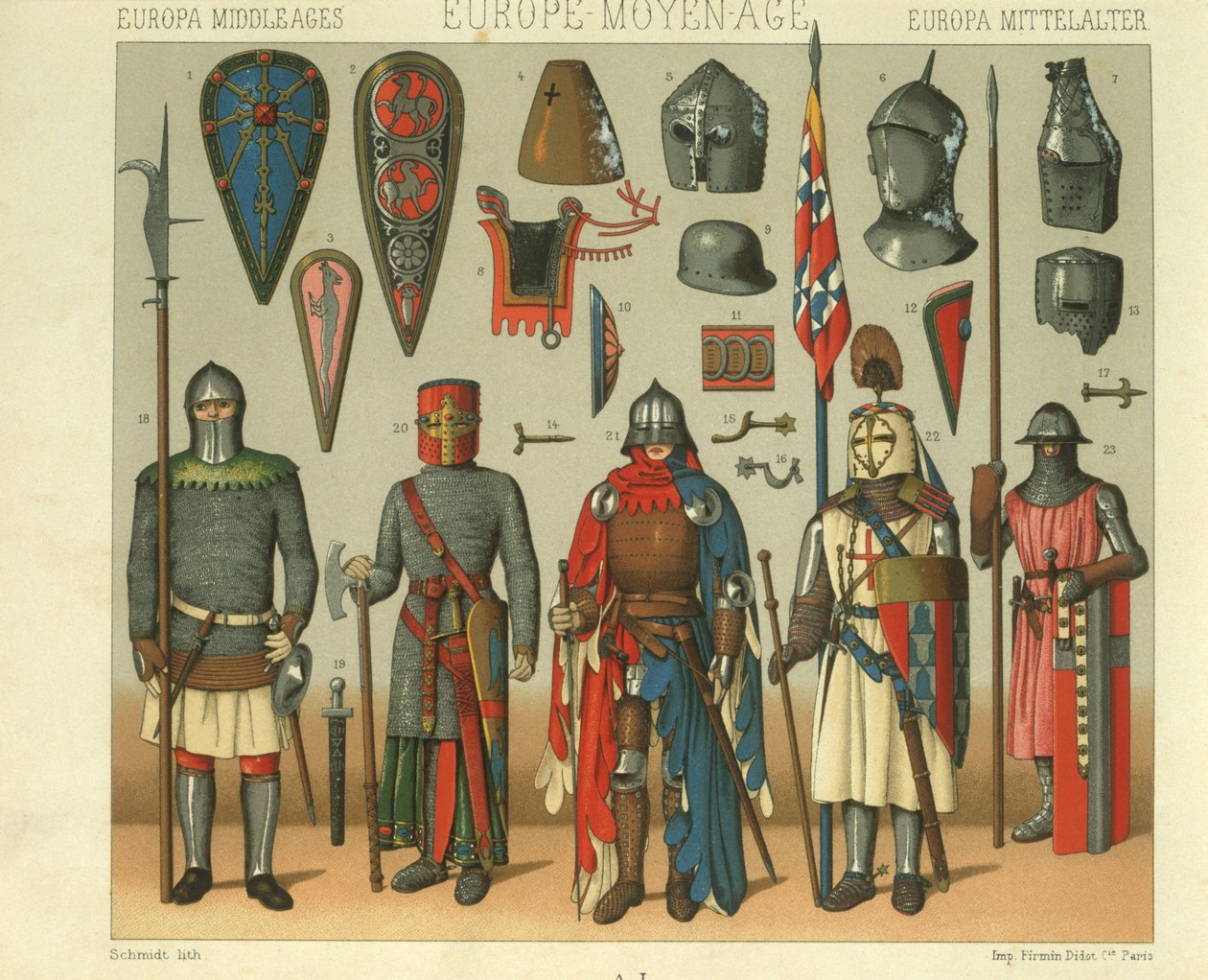 Ilustracja zbroi francuskich wojowników autorstwa Albert Charles August Racinet