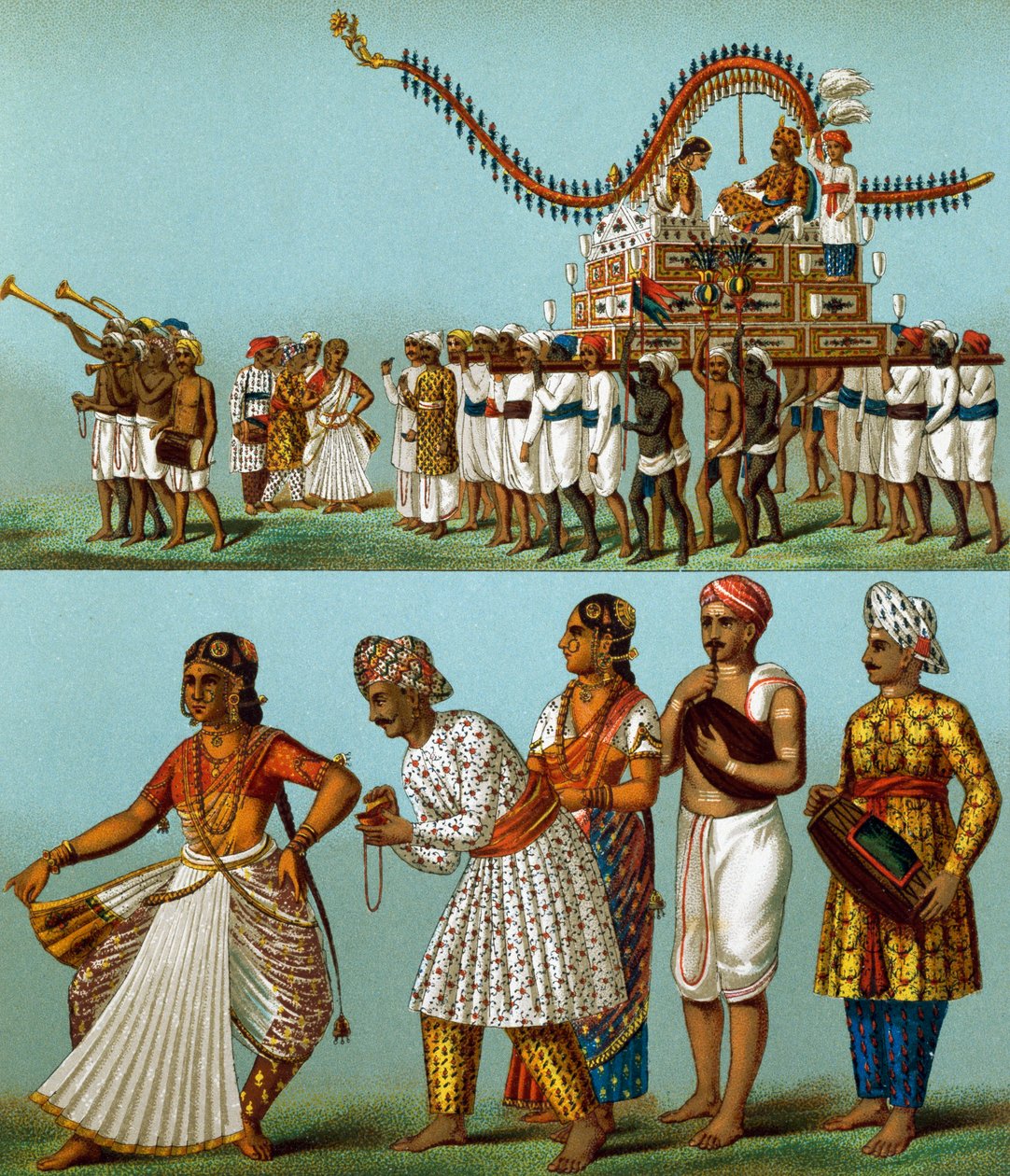Indie, parady, muzyka, tańce, Auguste Racinet (1825-1893), litografia pochodzi z Le Costume Historique, tom I autorstwa Albert Charles August Racinet