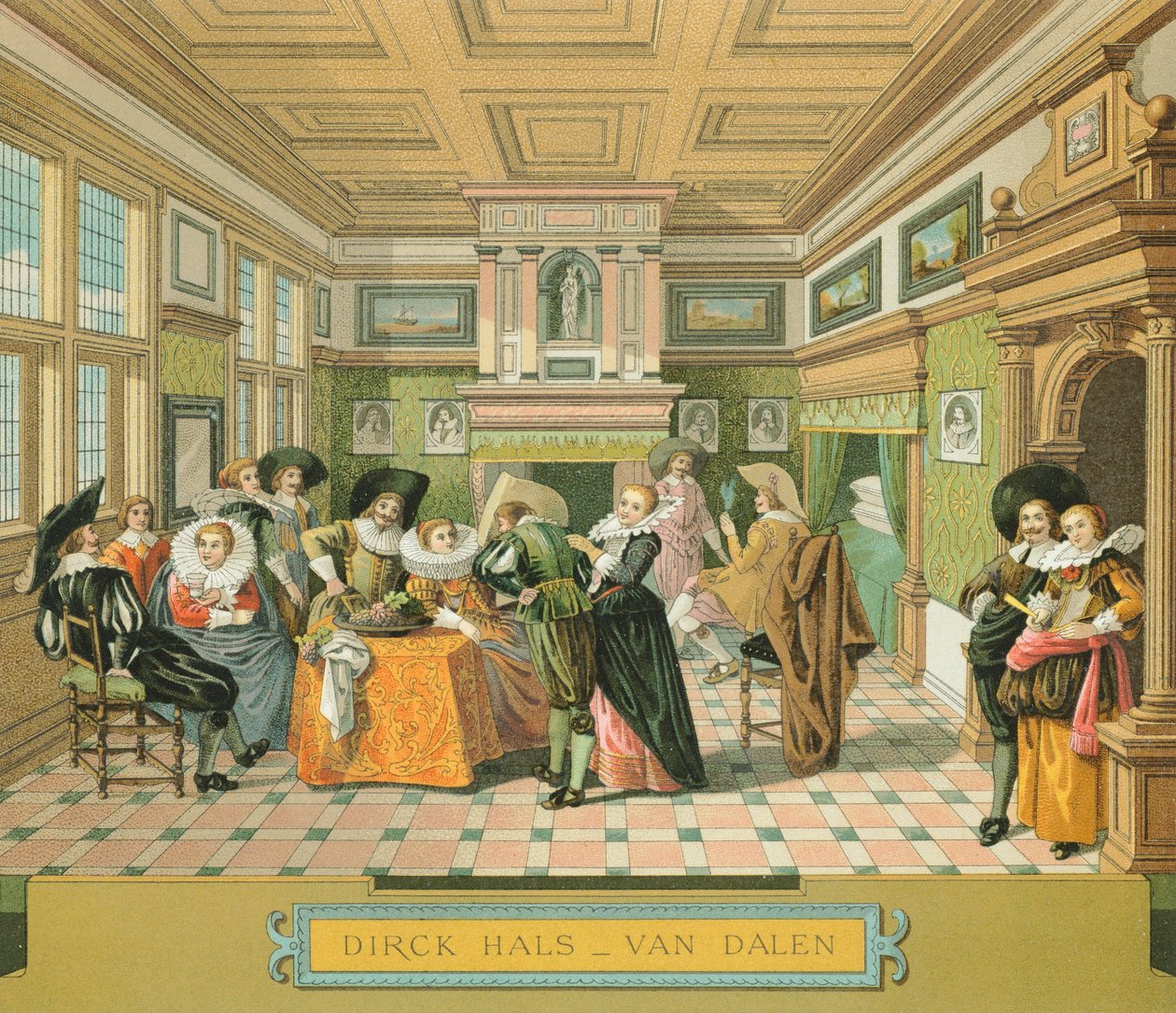 Wnętrze holenderskiej rezydencji szlacheckiej w XVII wieku, ilustracja z „Całej historii kostiumów” autorstwa Racineta Auguste autorstwa Albert Charles August Racinet