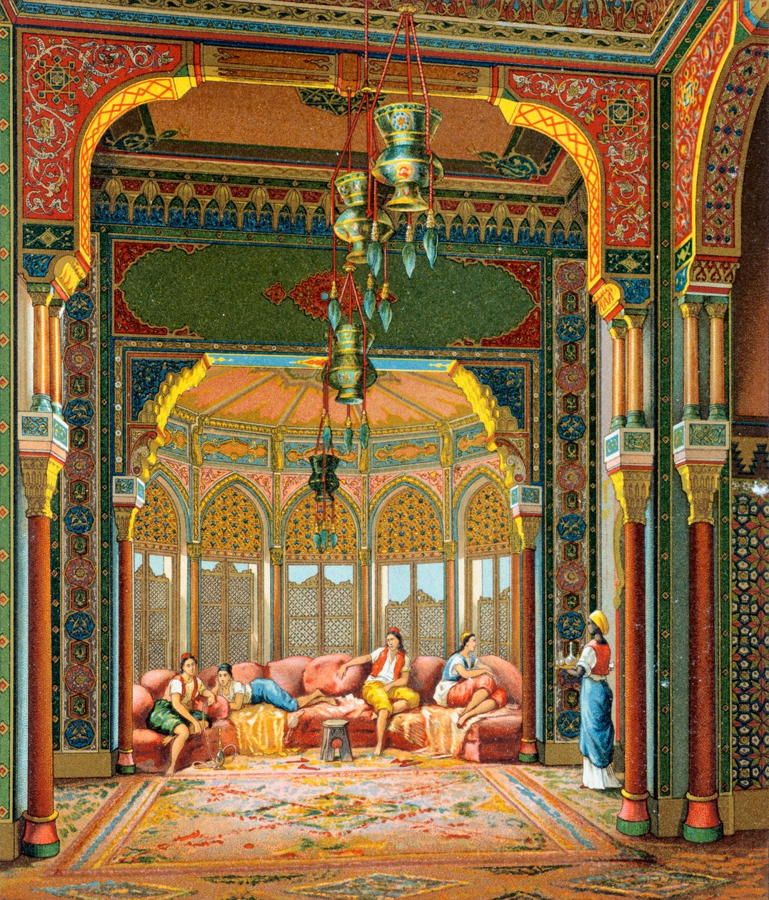 Wnętrze budynku tureckiego, ilustracja z pełnej historii kostiumów autorstwa Auguste Racinet autorstwa Albert Charles August Racinet