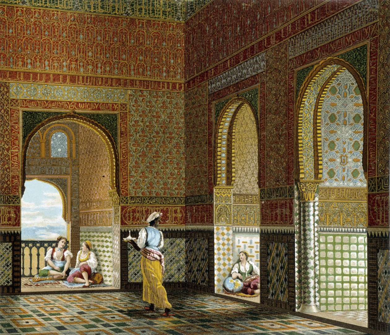 Wnętrze domu mauretańskiego (Alhambra, sala Błogosławieństwa). Płyta chromolitograficzna - w „Le costume historique” Racinet autorstwa Albert Charles August Racinet