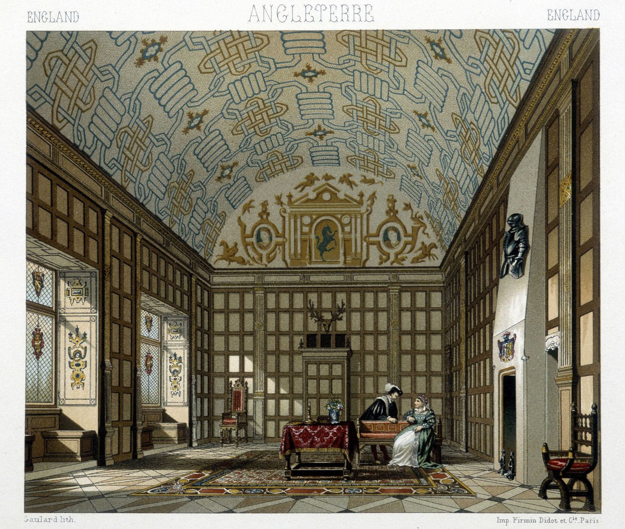 Wnętrze okazałego domu w Anglii w XVII wieku. Ilustracja w „Le costume historique” autorstwa Racinet autorstwa Albert Charles August Racinet