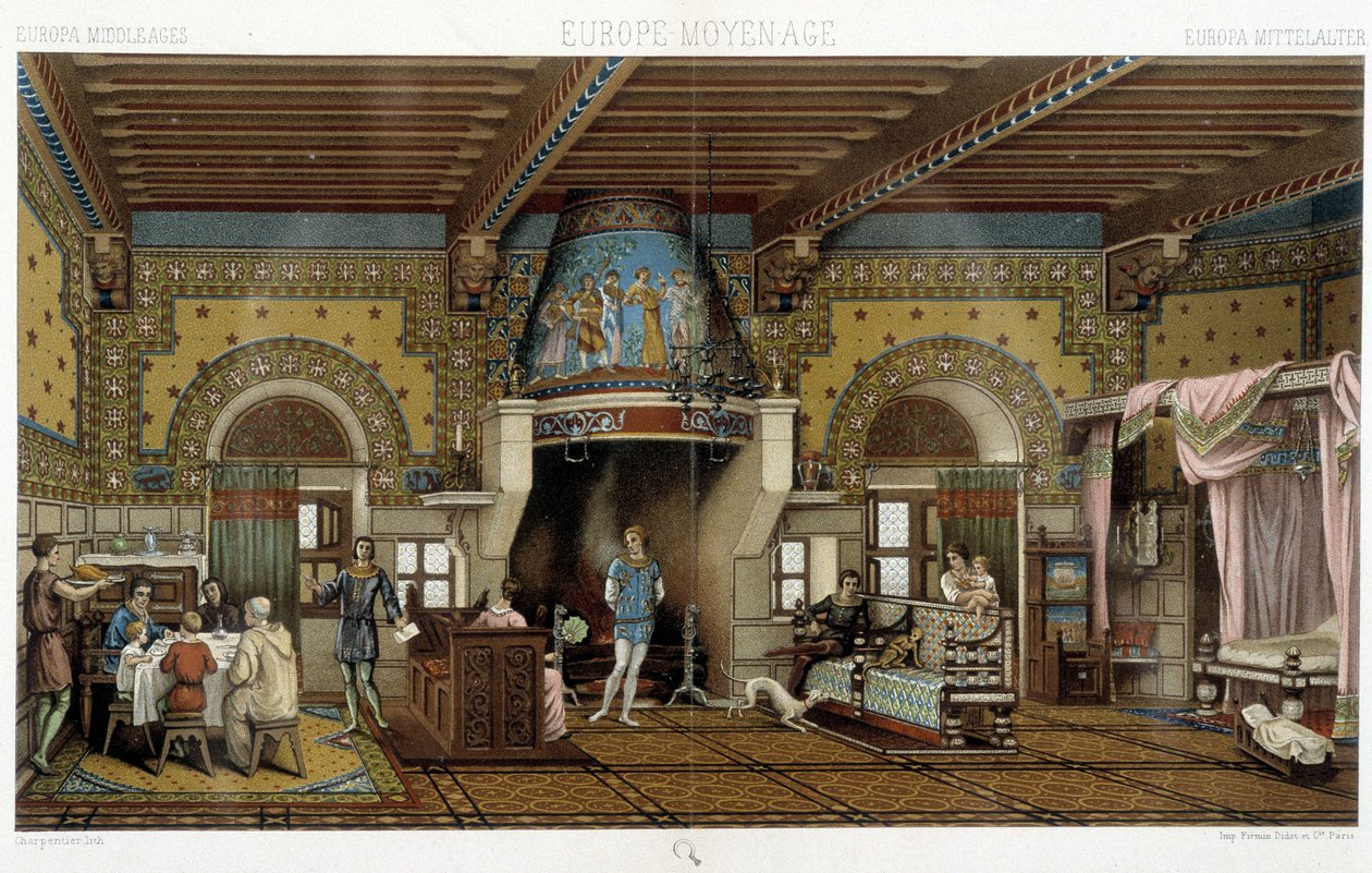 Wnętrze reprezentacyjnej rezydencji w średniowieczu - w „Strój historyczny” Racineta autorstwa Albert Charles August Racinet