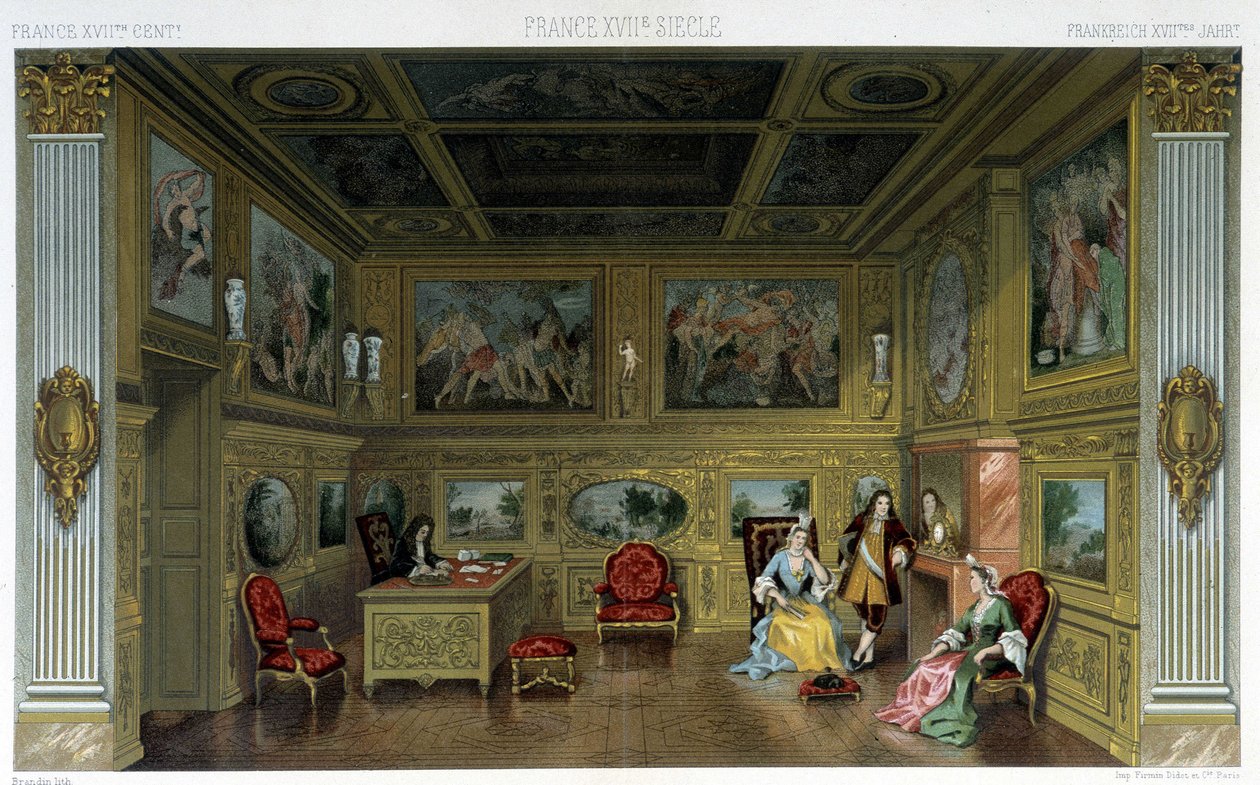 Mężczyźni i kobiety w bogatym domu z XVIII wieku. Ilustracja w „Le costume historique” autorstwa Racinet autorstwa Albert Charles August Racinet