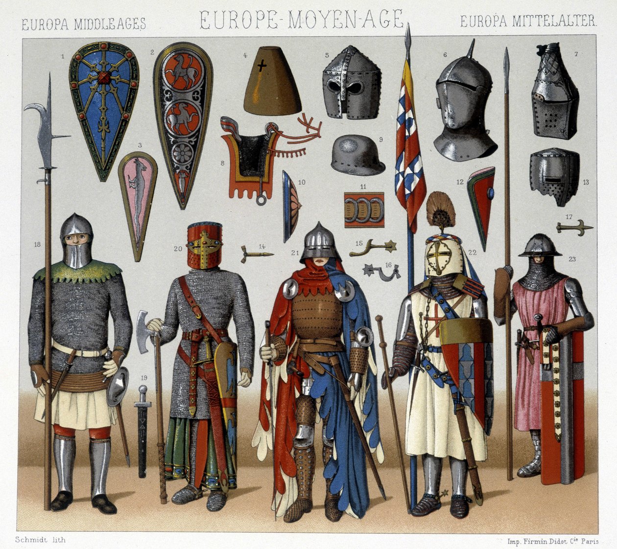 Stroje i hełmy wojskowe we Francji od XIII do XV wieku. Ilustracja w „Le costume historique” autorstwa Racinet autorstwa Albert Charles August Racinet