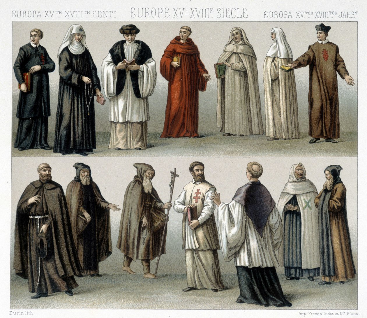 Stroje klasztorne w Europie od XV do XVIII wieku. Ilustracja w „Le costume historique” autorstwa Racinet autorstwa Albert Charles August Racinet