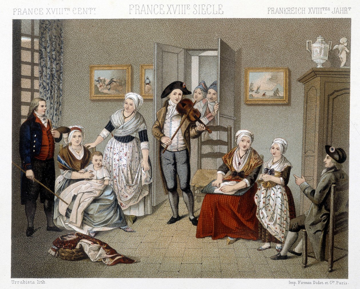Muzycy grający swoją intruzję dla rodziny w domu. Ilustracja w „Le costume historique” autorstwa Racinet autorstwa Albert Charles August Racinet