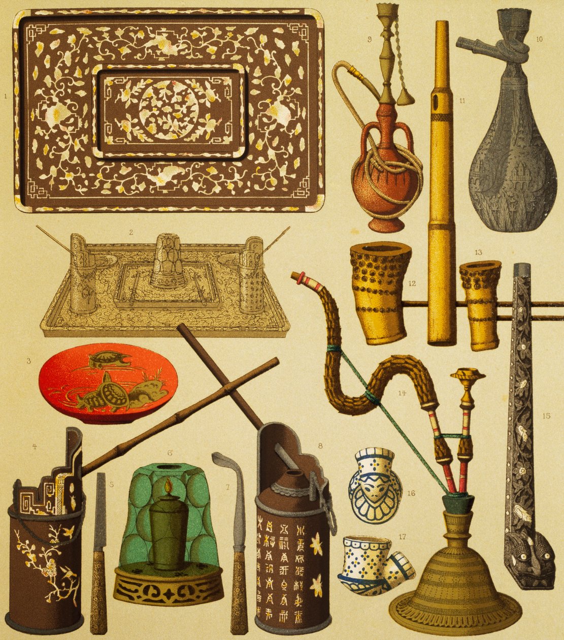 Fajka i przedmioty używane przez palaczy, litografia Schmidta z The Complete Costume History, tom pierwszy, Auguste Racinet (1825-1893), Paryż autorstwa Albert Charles August Racinet