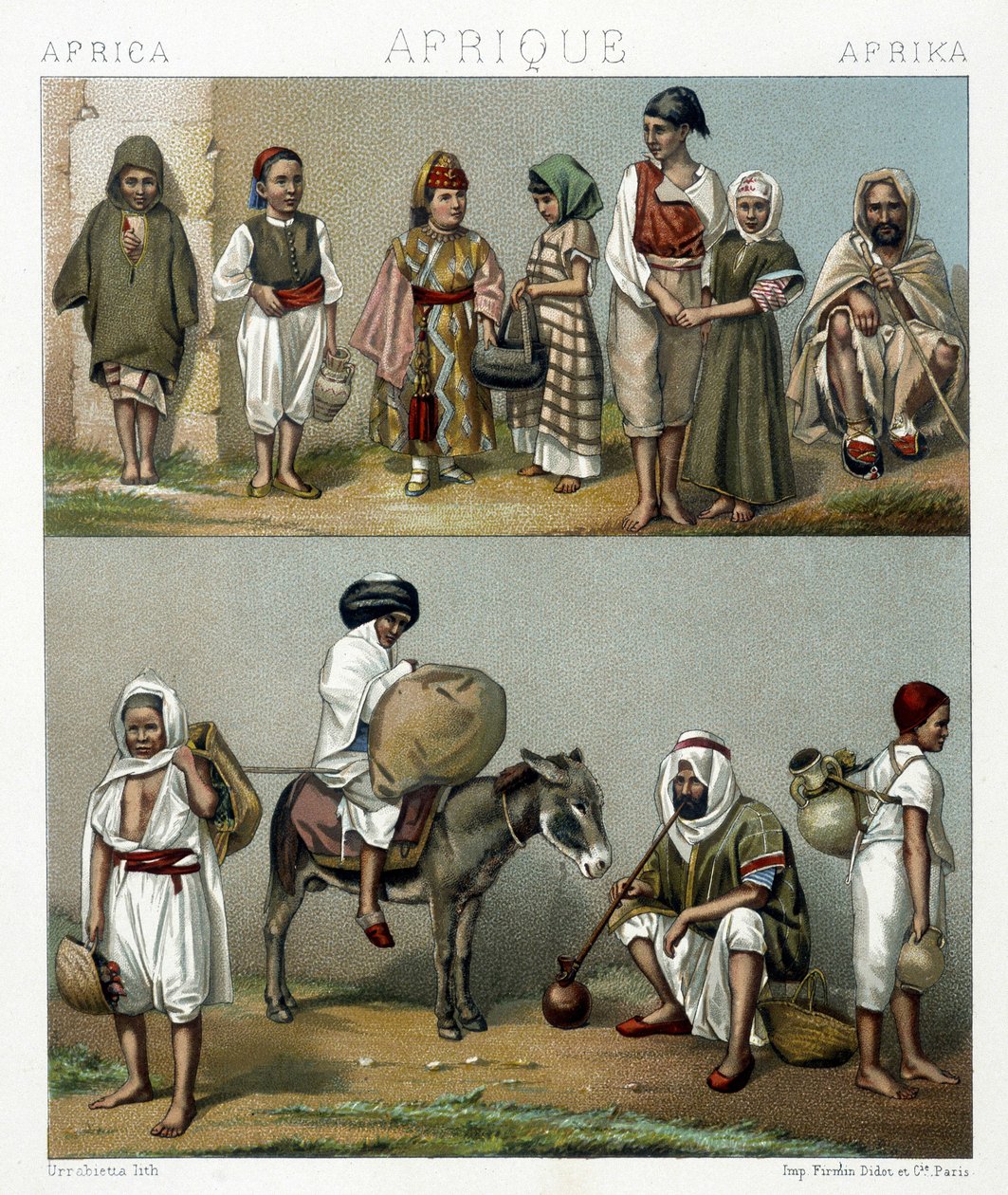 Popularne stroje z Algierii i Tunezji. Ilustracja w „Le costume historique” autorstwa Racinet autorstwa Albert Charles August Racinet