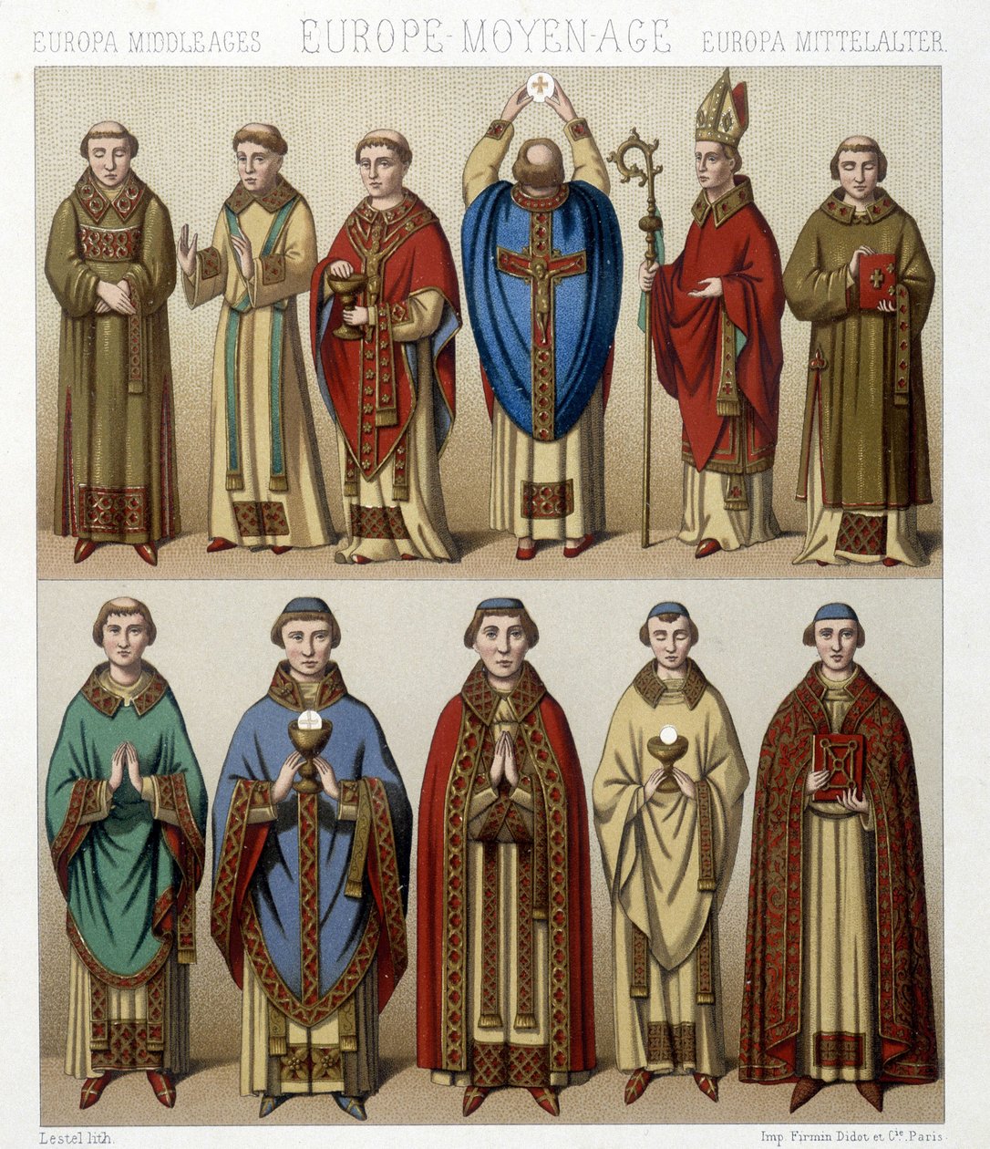 Stroje religijne w Europie w średniowieczu. Ilustracja w „Le costume historique” autorstwa Racinet autorstwa Albert Charles August Racinet