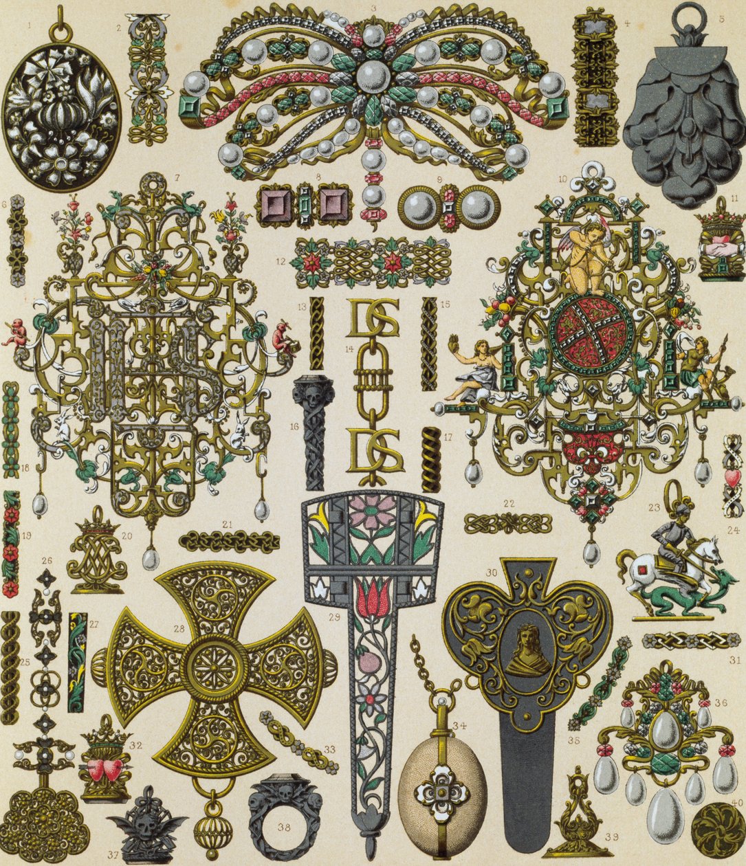 Biżuteria XVII-wieczna, litografia Schmidta opublikowana w Le costume historique, tom V autorstwa Albert Charles August Racinet