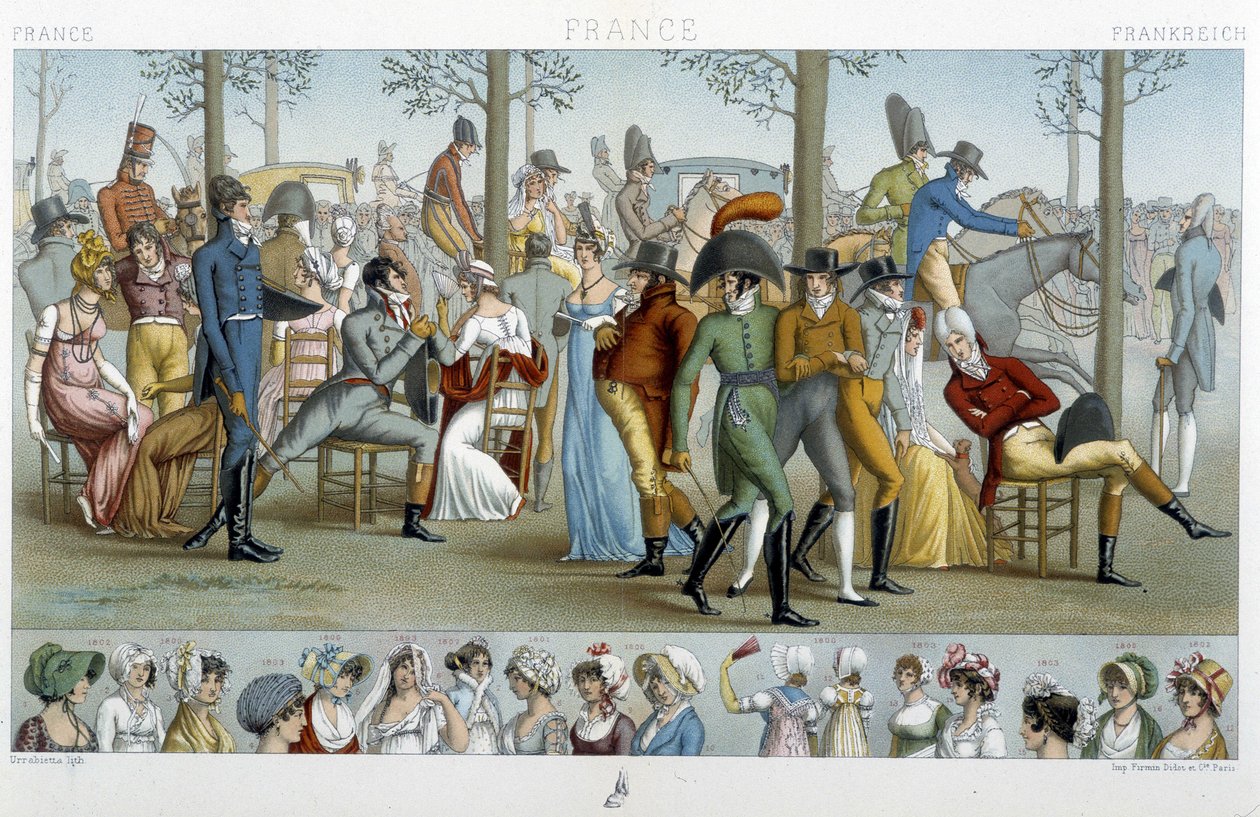 Burżuazja idąca do Longchamp, deb. XIX wiek - w „Le costume historique” Racinet autorstwa Albert Charles August Racinet