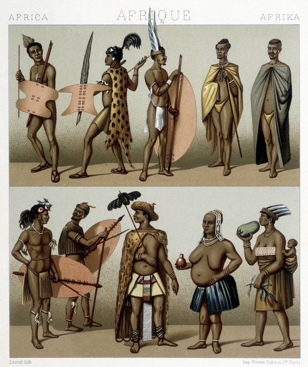 Tradycyjny strój Cafrerie (południowa część Afryki). Ilustracja w „Le costume historique” autorstwa Racinet autorstwa Albert Charles August Racinet