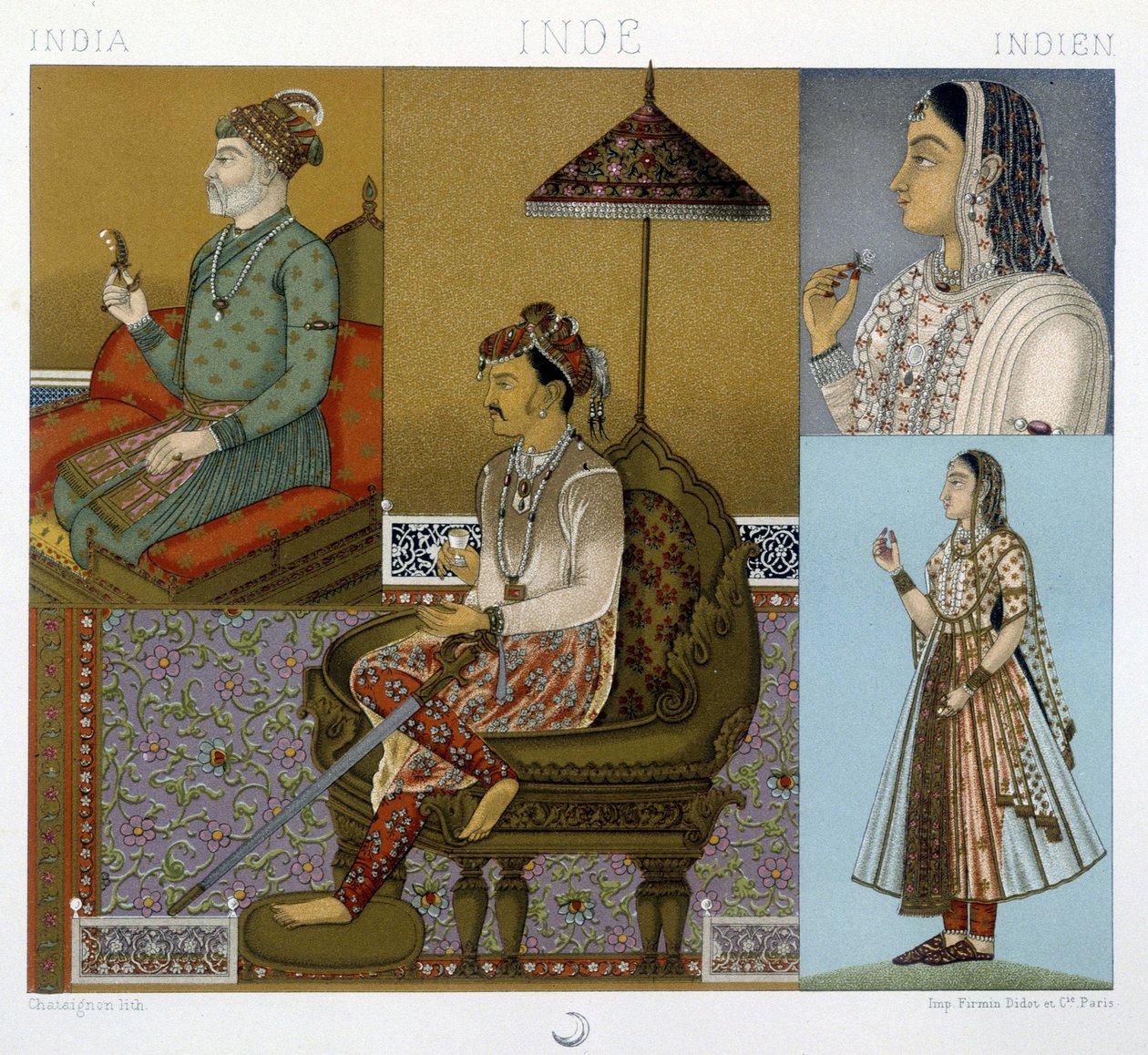 Tradycyjne stroje Mugoli i Maharadży w Indiach - w „”Strój historyczny”” Racinet autorstwa Albert Charles August Racinet