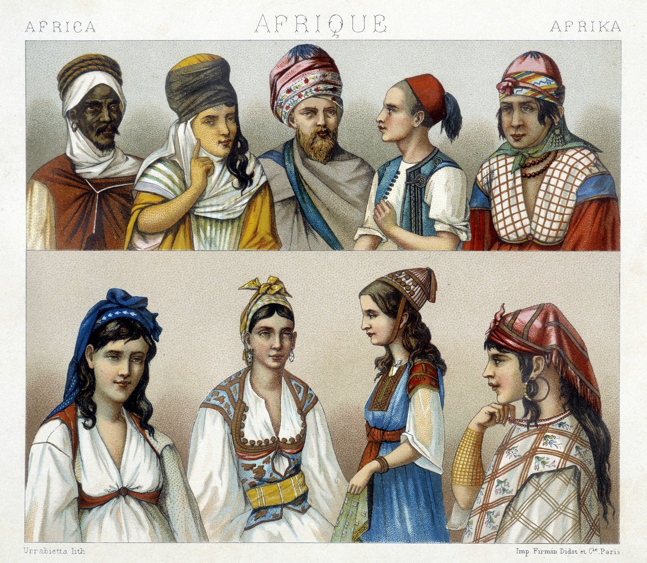 Tradycyjne stroje i nakrycia głowy mężczyzn i kobiet w Algierii. Ilustracja w „Le costume historique” autorstwa Racinet autorstwa Albert Charles August Racinet