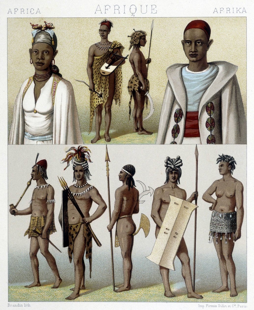 Tradycyjne stroje i biżuteria z Timbuktu i Górnego Nilu. Ilustracja w „Le costume historique” autorstwa Racinet autorstwa Albert Charles August Racinet