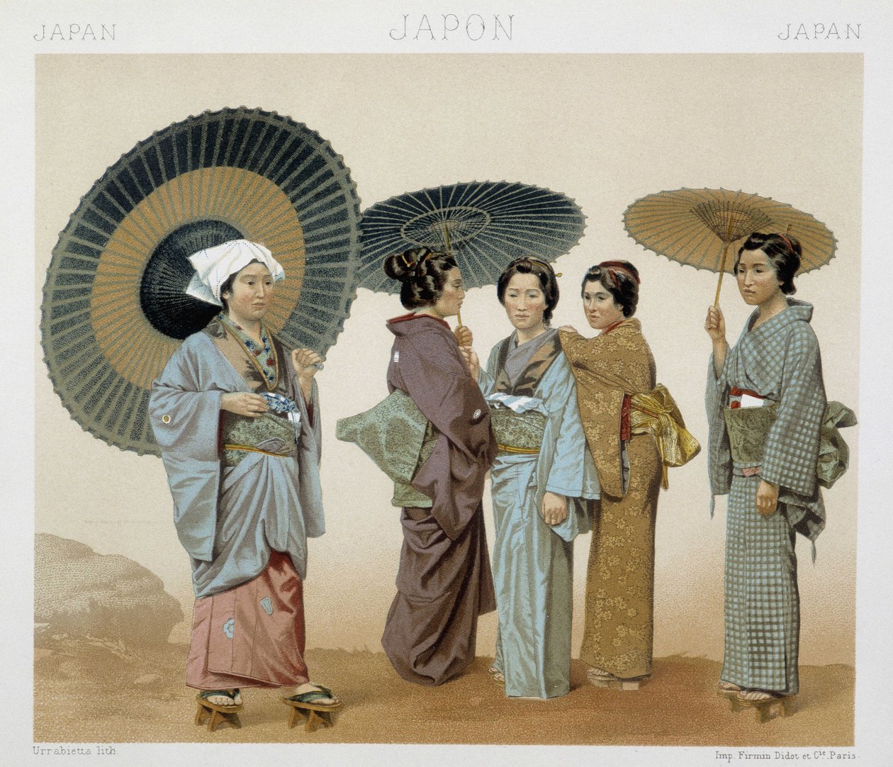 Tradycyjne stroje japońskich kobiet. Ilustracja w „Le costume historique” autorstwa Racinet autorstwa Albert Charles August Racinet