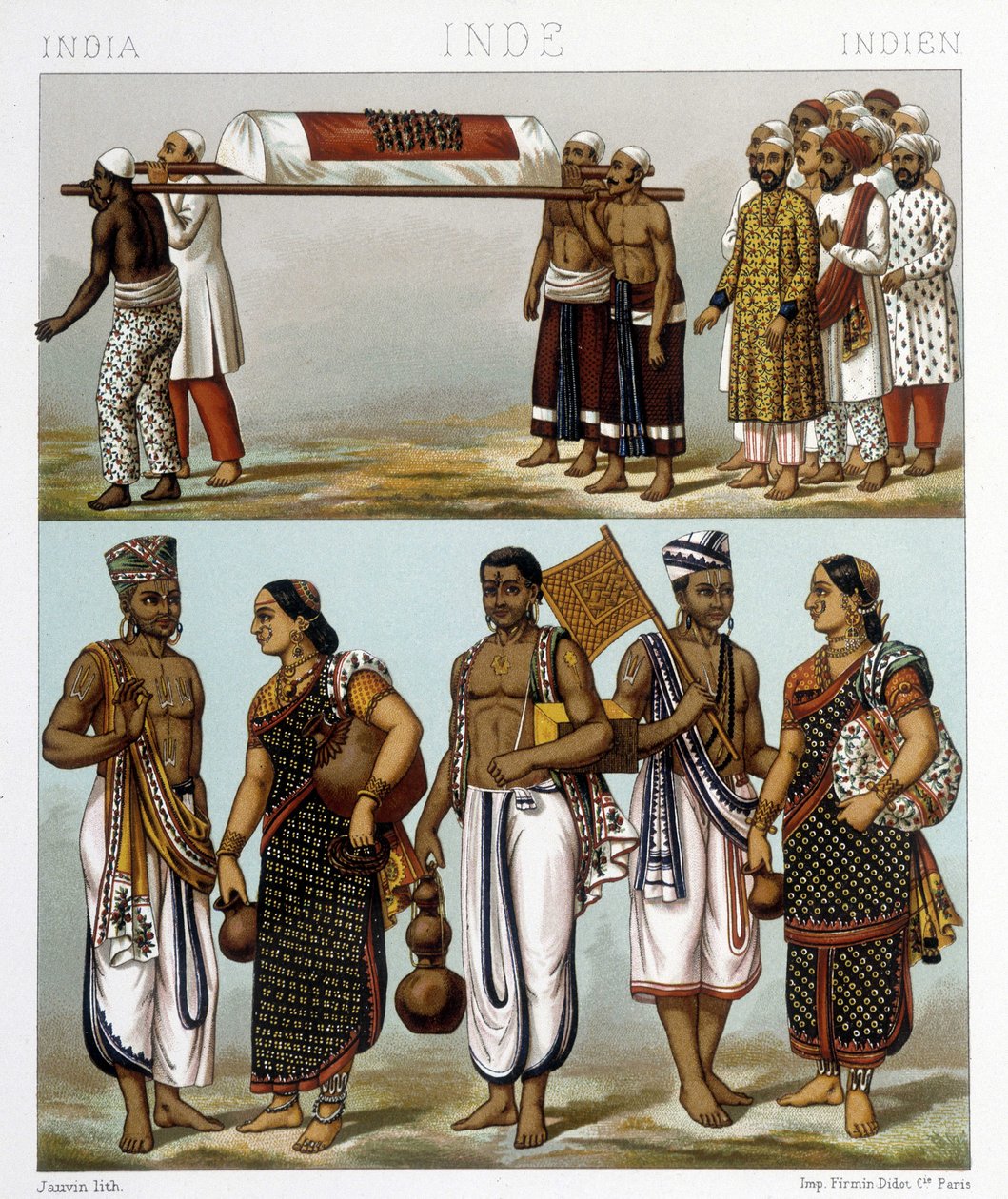 Tradycyjne stroje muzułmanów (na górze zdjęcia) i Hindusów (na dole) mieszkających w Indiach. Ilustracja w „Le costume historique” autorstwa Racinet autorstwa Albert Charles August Racinet