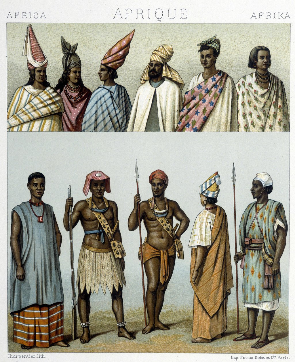 Tradycyjne stroje Senegalu. Ilustracja w „Le costume historique” Racinet autorstwa Albert Charles August Racinet