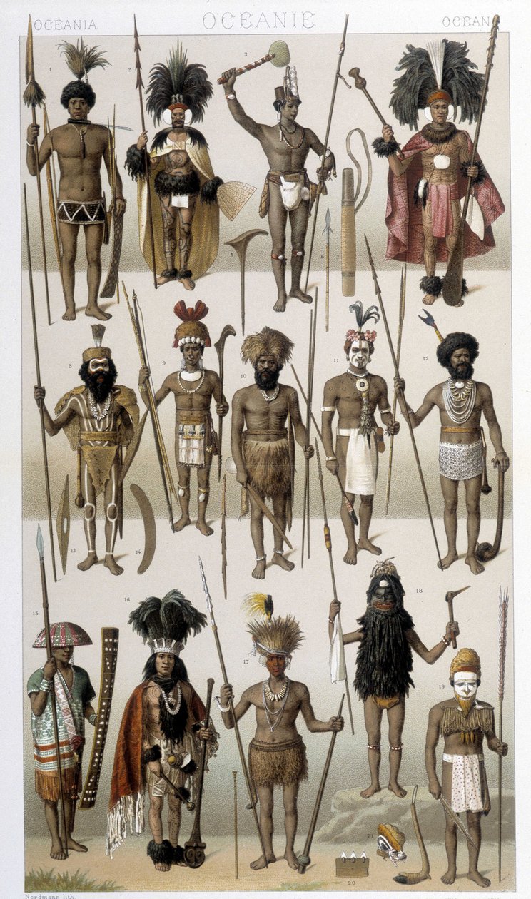 Tradycyjne stroje rdzennych mieszkańców Oceanii. Ilustracja w „Le costume historique” autorstwa Racinet autorstwa Albert Charles August Racinet