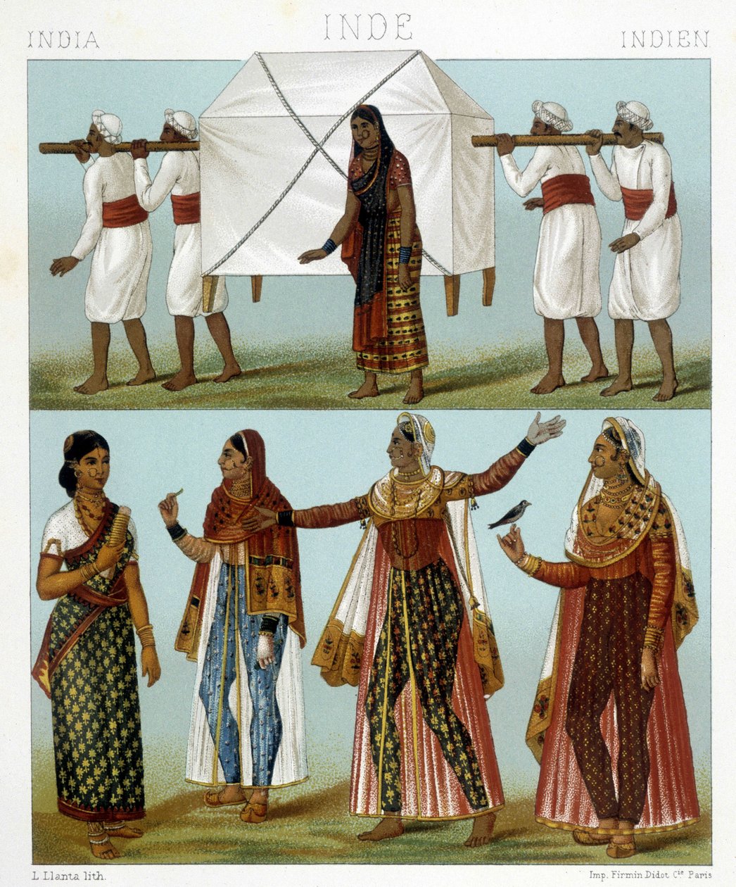 Transport i tradycyjne stroje kobiece. Ilustracja w „Le costume historique” autorstwa Racinet autorstwa Albert Charles August Racinet