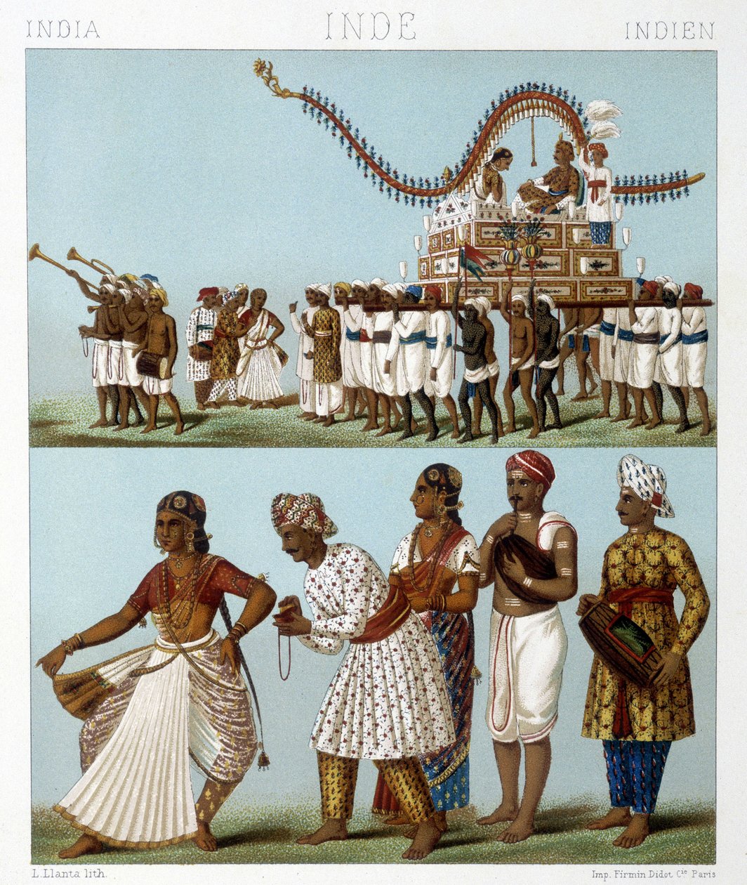 Transport, muzyka, taniec i tradycyjne stroje Indii. Ilustracja w „Le costume historique” autorstwa Racinet autorstwa Albert Charles August Racinet