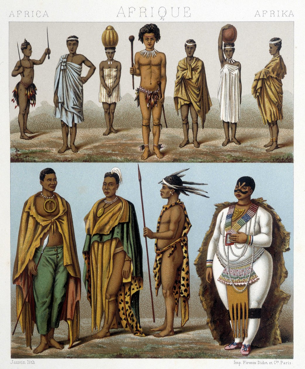 Różni mężczyźni z Afryki Południowej. Ilustracja w „Le costume historique” Racinet autorstwa Albert Charles August Racinet