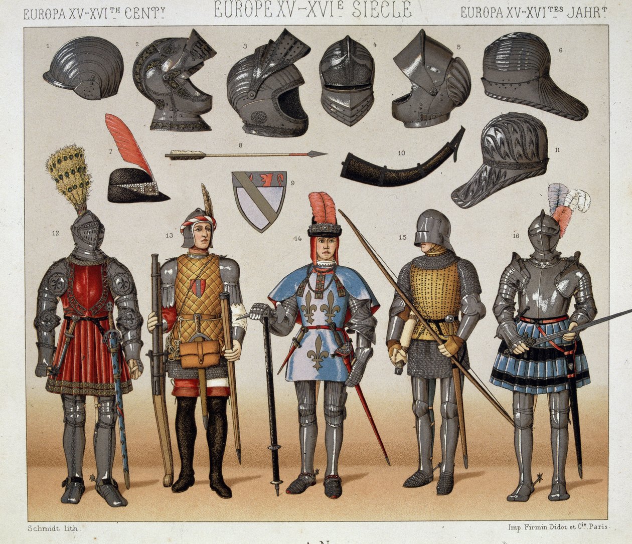 Wojownicy w XV-XVII wieku - w „Le costume historique” Racinet autorstwa Albert Charles August Racinet