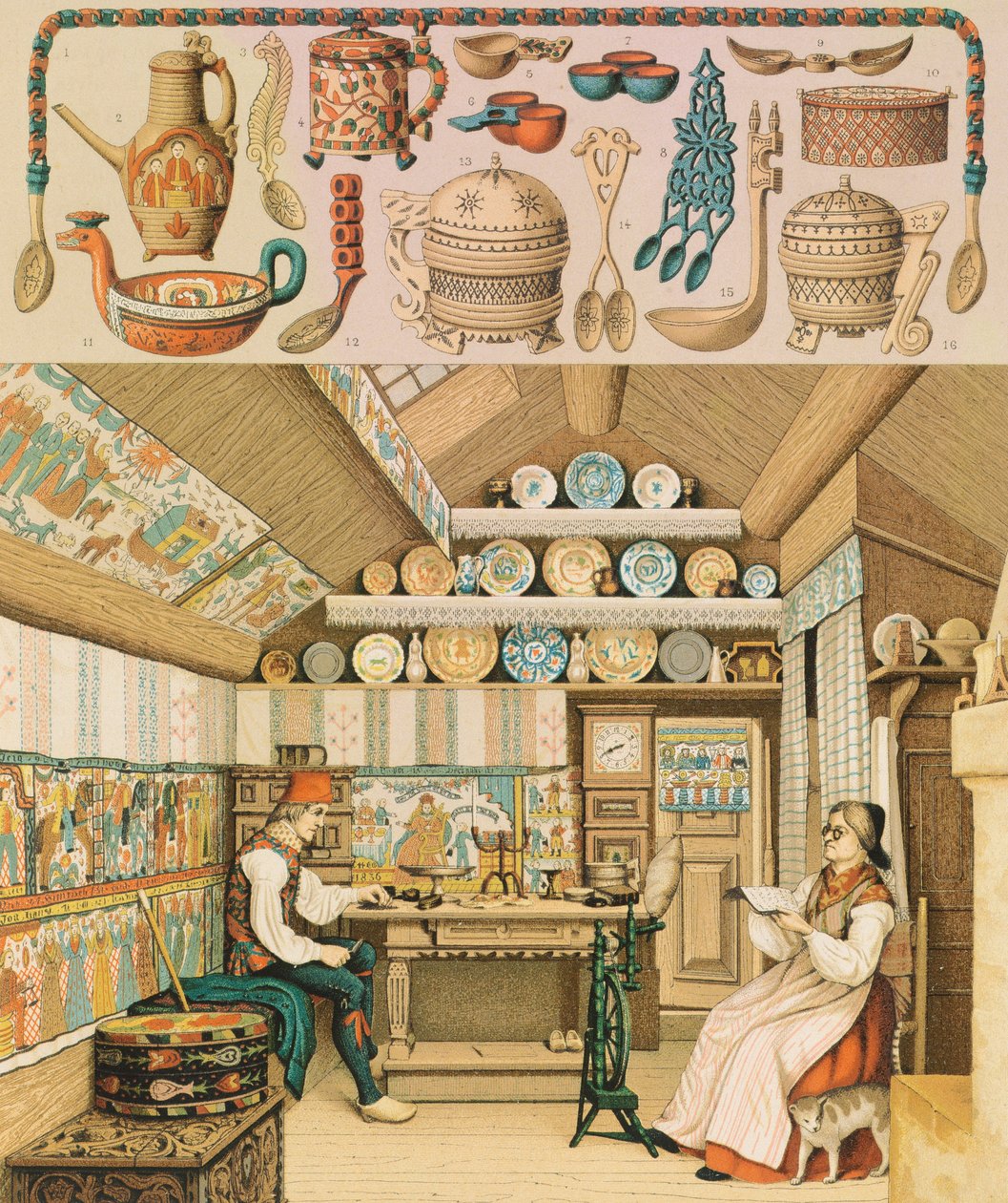 Drewniany dom w Szwecji, ilustracja z The Complete History Costume Racinet Auguste autorstwa Albert Charles August Racinet