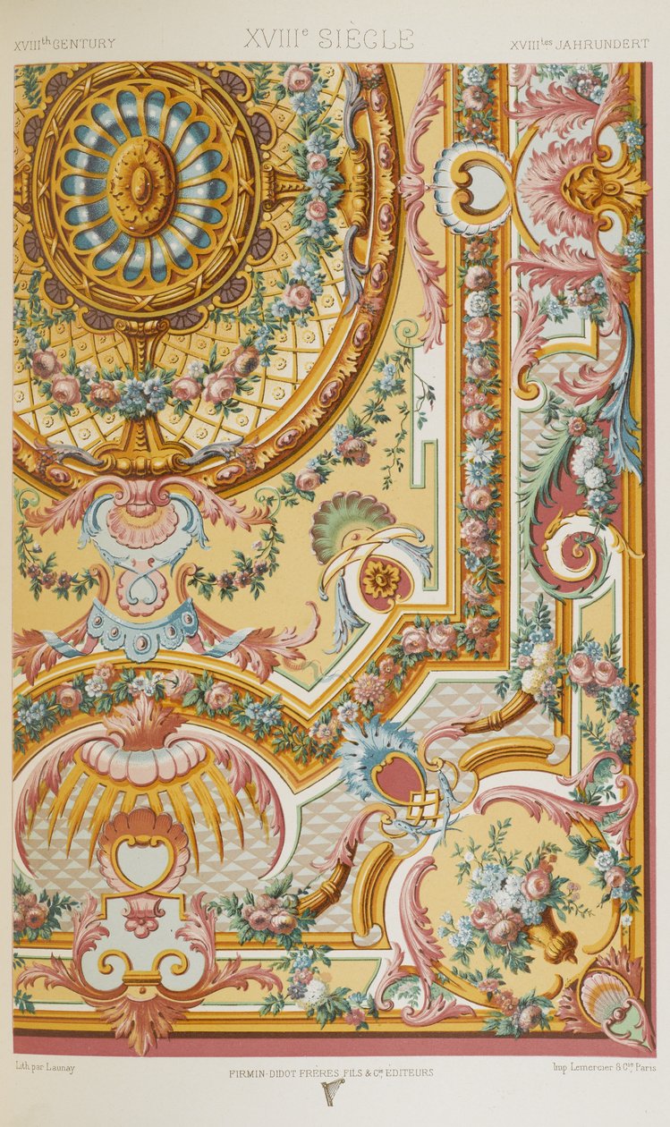 XVIII wiek, tablica 87 z "Ornament polichromatyczny: sto płyt w złocie, srebrze i kolorach" autorstwa Albert Charles August Racinet