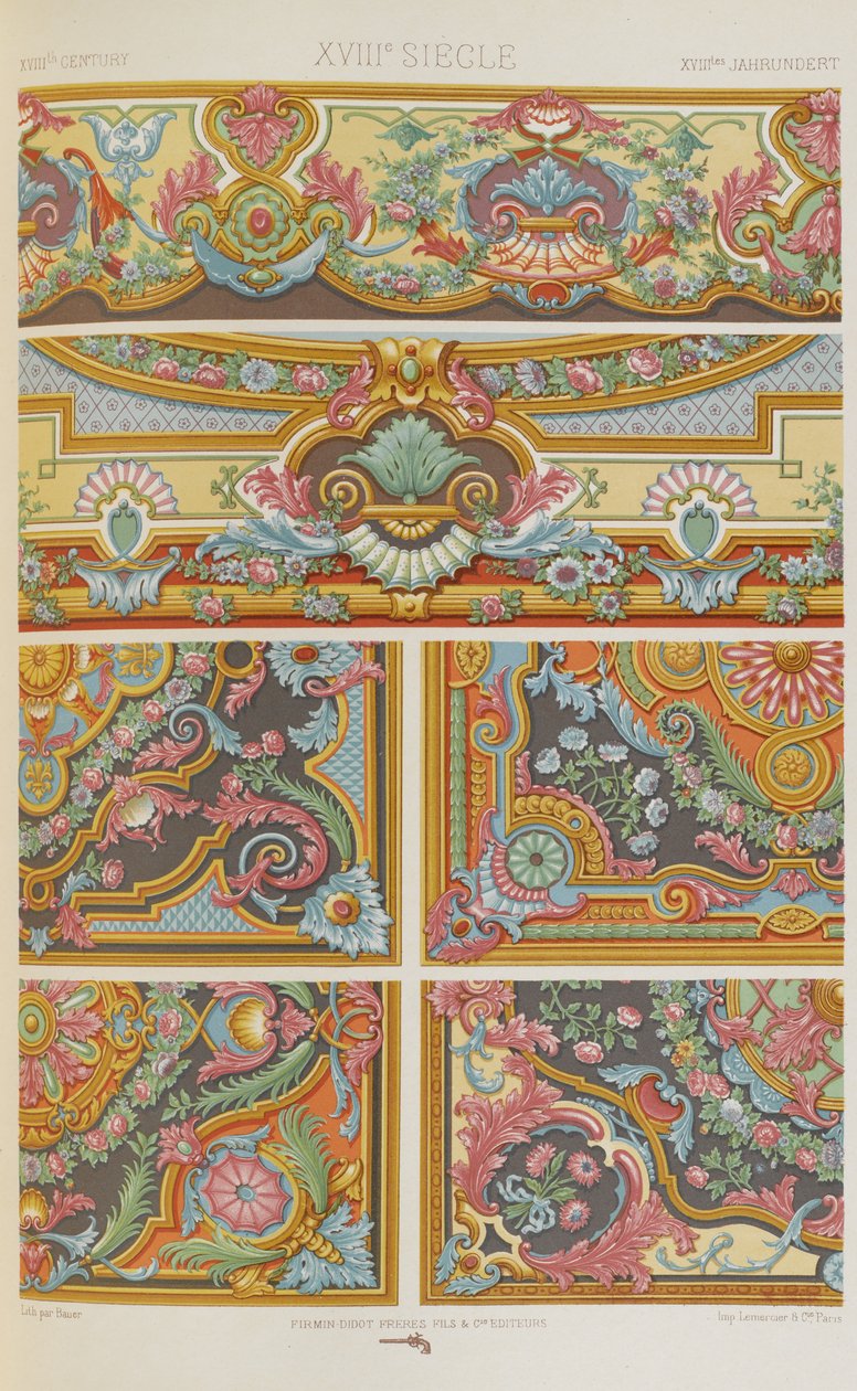 XVIII wiek, tablica 88 z "Ornament polichromatyczny: sto płyt w złocie, srebrze i kolorach" autorstwa Albert Charles August Racinet