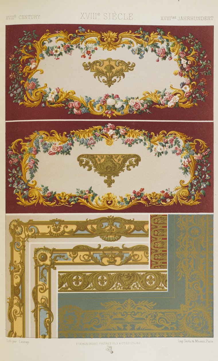 XVIII wiek, tablica 92 z "Ornament polichromatyczny: sto płyt w złocie, srebrze i kolorach" autorstwa Albert Charles August Racinet