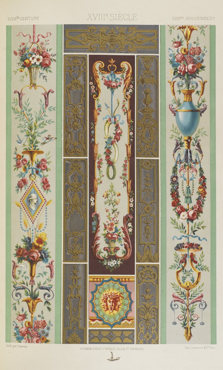 XVIII wiek, tablica 97 z "Ornament polichromatyczny: sto płyt w złocie, srebrze i kolorach" autorstwa Albert Charles August Racinet