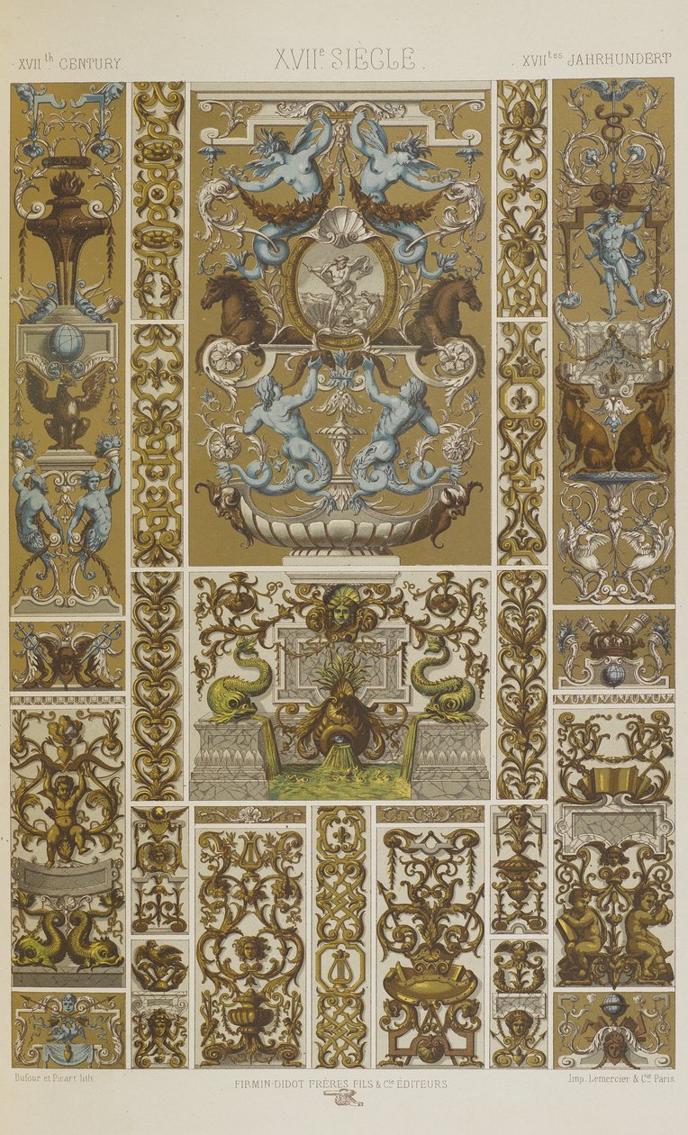 XVII wiek, tablica 79 z "Ornament polichromatyczny: sto płyt w złocie, srebrze i kolorach" autorstwa Albert Charles August Racinet