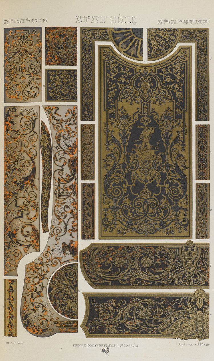 XVII i XVIII wiek, tablica 84 z "Ornament polichromatyczny: sto tablic w złocie, srebrze i kolorach" autorstwa Albert Charles August Racinet