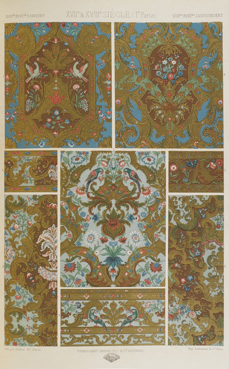 XVII i XVIII wiek, tablica 86 z "Ornament polichromatyczny: sto tablic w złocie, srebrze i kolorach" autorstwa Albert Charles August Racinet