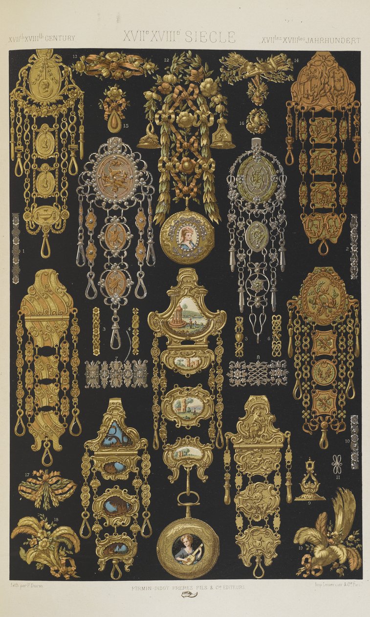XVII i XVIII wiek, tablica 94 z "Ornament polichromatyczny: sto płyt w złocie, srebrze i kolorach" autorstwa Albert Charles August Racinet