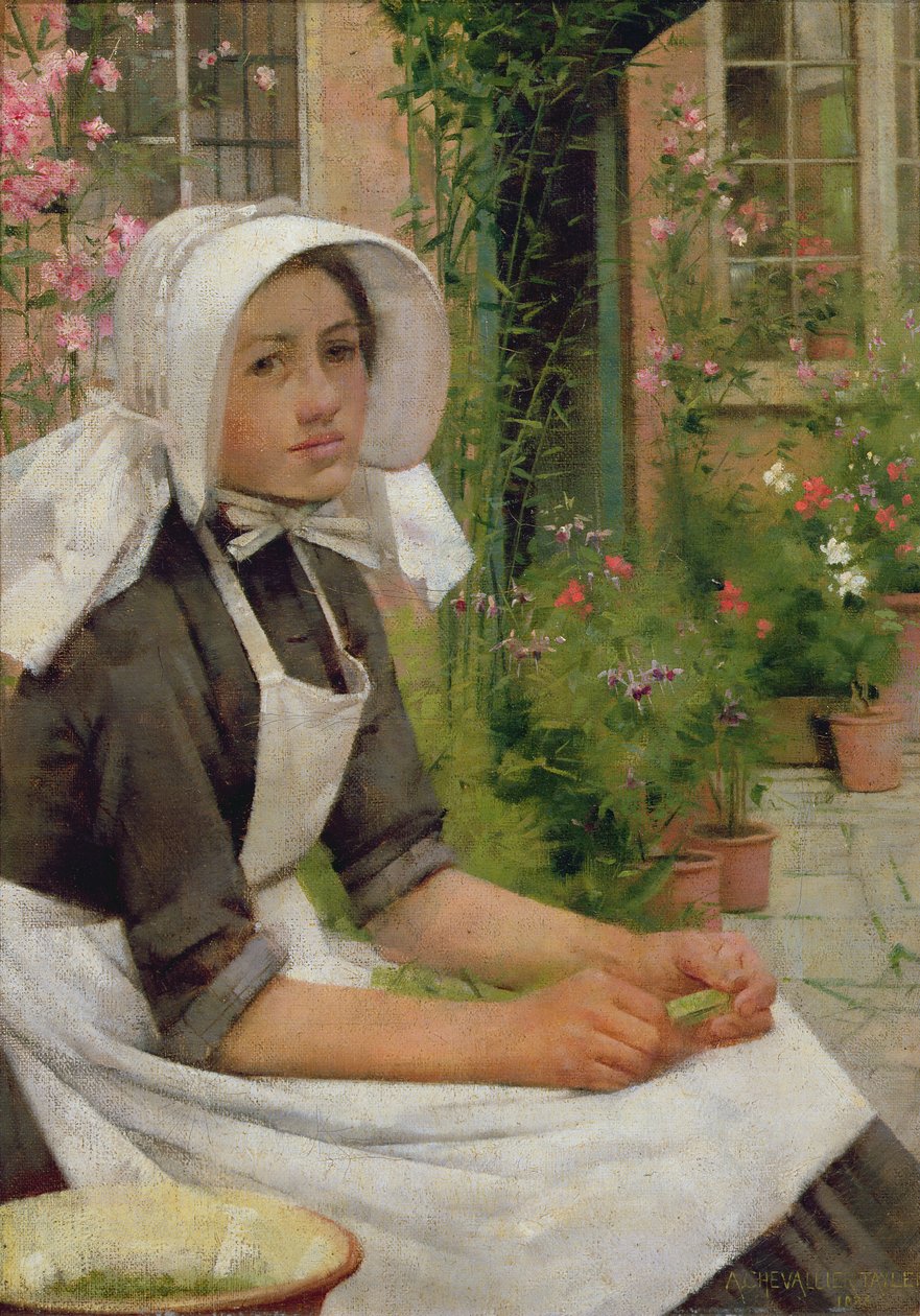 Dziewczyna łuskająca groszek autorstwa Albert Chevallier Tayler