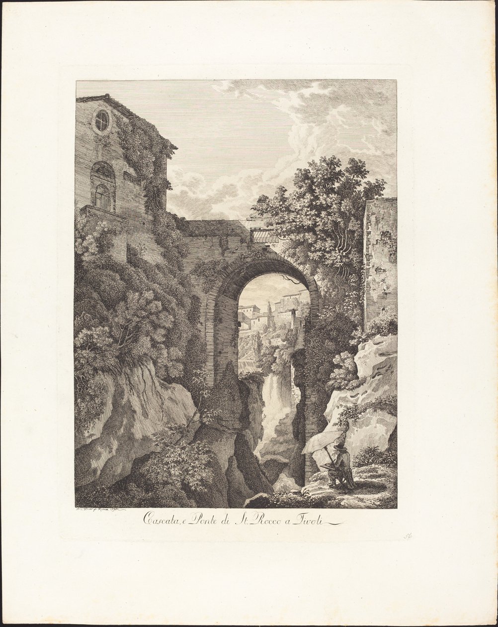 Wodospad i Ponte di San Rocco w Tivoli autorstwa Albert Christoph Dies