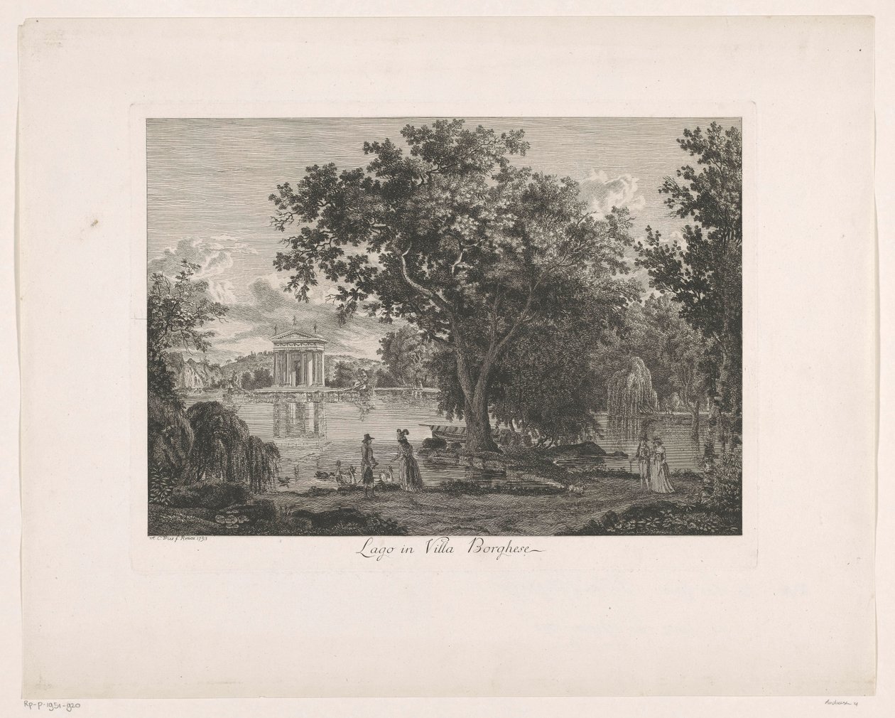 Widok na jezioro w Villa Borghese Lago w Villa Borghese (tytuł na obiekcie) Malajski Radirte Prospekte aus Italien (tytuł serii) autorstwa Albert Christoph Dies