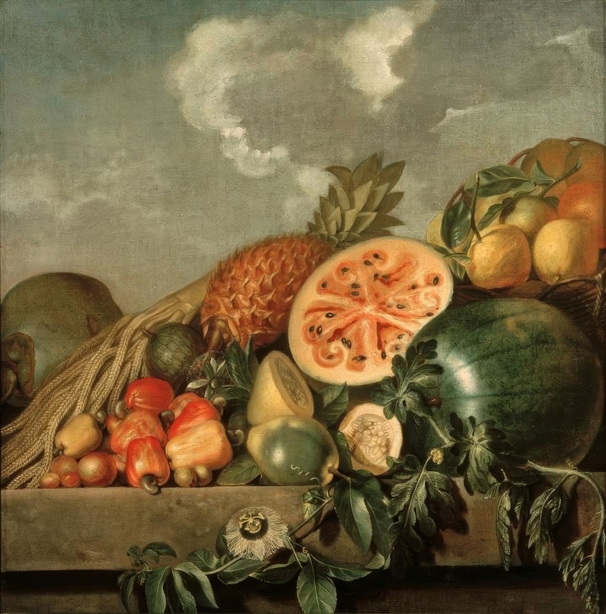 Martwa natura z ananasem, melonem i innymi owocami tropikalnymi autorstwa Albert Eckhout