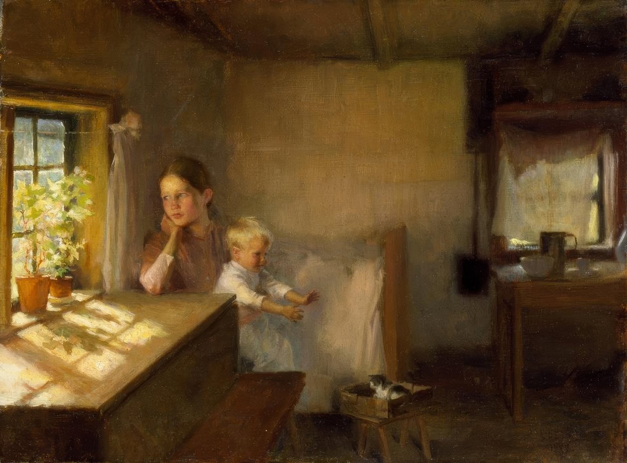 Kobieta z dzieckiem w nasłonecznionym wnętrzu autorstwa Albert Gustaf Aristides Edelfelt