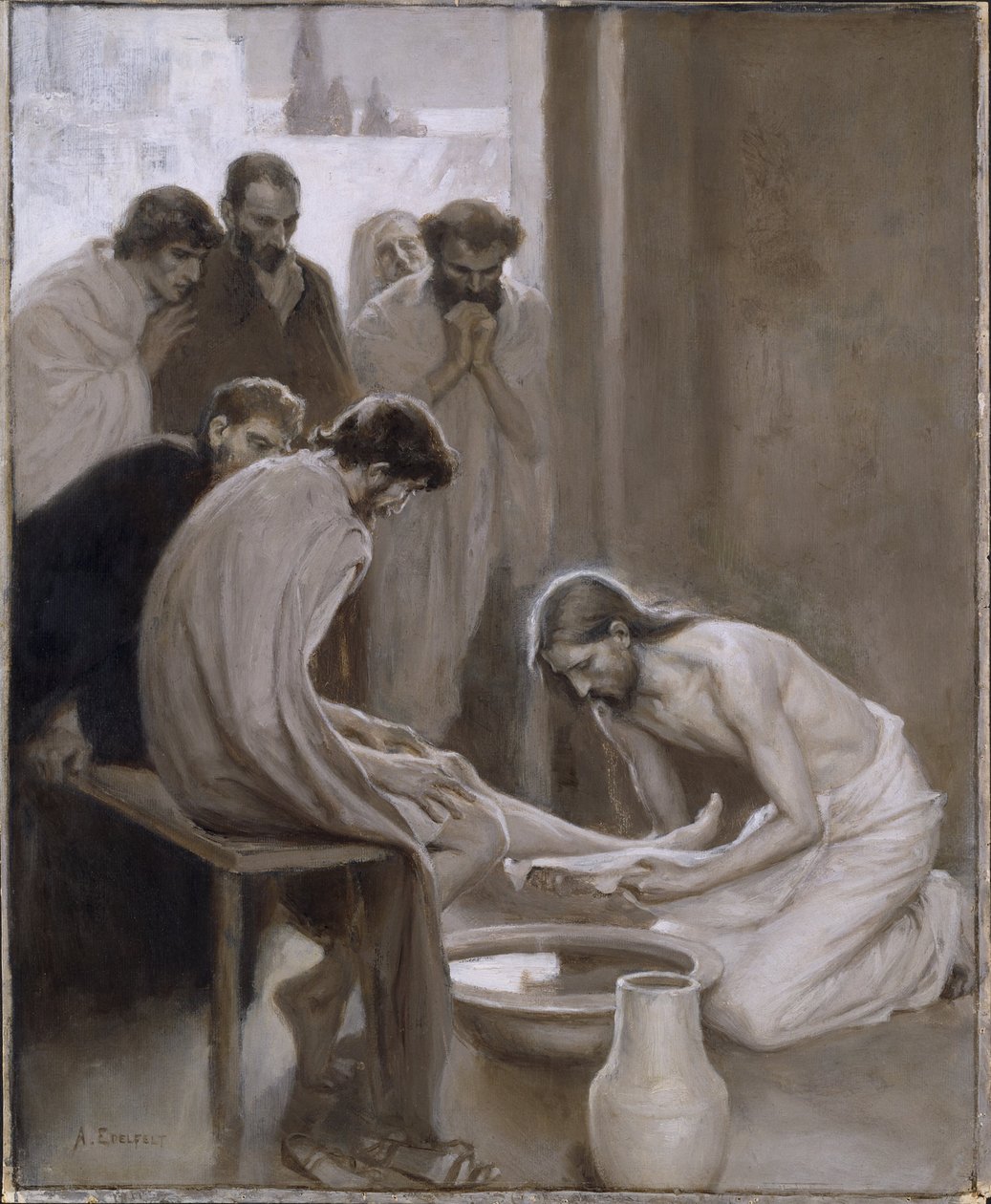 Jezus umywa nogi swoim uczniom autorstwa Albert Edelfelt