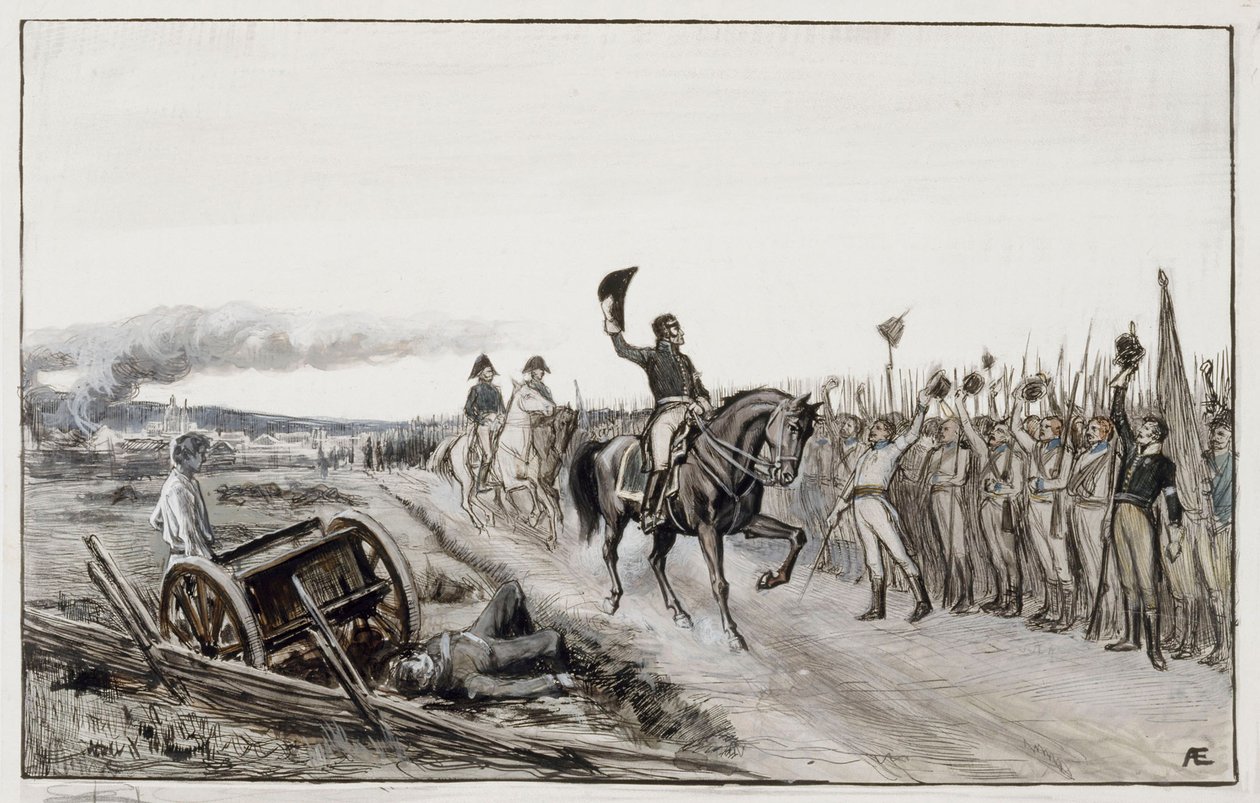 Von Döbeln pozdrawiający swoje oddziały – ilustracja do wiersza nr 15 „Stolt” (oryginalny rysunek do serii „Opowieści o chorążym Stålu”) autorstwa Albert Edelfelt