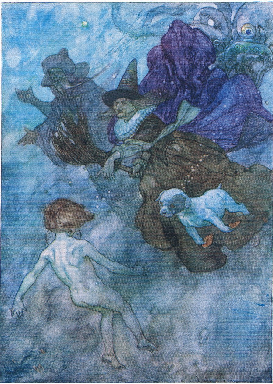 Wszyscy wrzeszczący i krzyczący na niego „patrz przed siebie, patrz tylko przed siebie”, z pubu The Water Babies autorstwa Humphreya Milforda Oxford University Press, ok. 1930 r. (litografia kolorowa) autorstwa Albert Edward Jackson