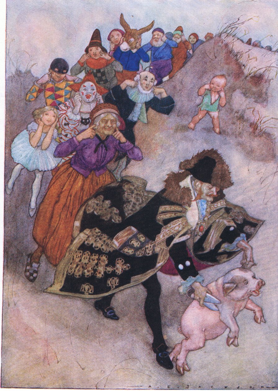 Przed nimi biegł dżentelmen kierujący świnią, z pubu The Water Babies, Humphrey Milford Oxford University Press, ok. 1930 r. (litografia kolorowa) autorstwa Albert Edward Jackson