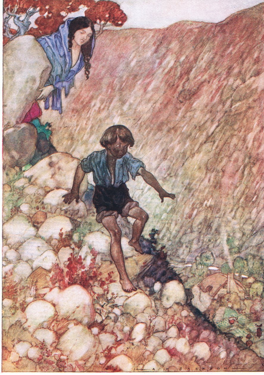 Zszedł jak dzielny mały człowieczek, z publikacji The Water Babies, Humphrey Milford Oxford University Press, ok. 1930 r. (litografia kolorowa) autorstwa Albert Edward Jackson