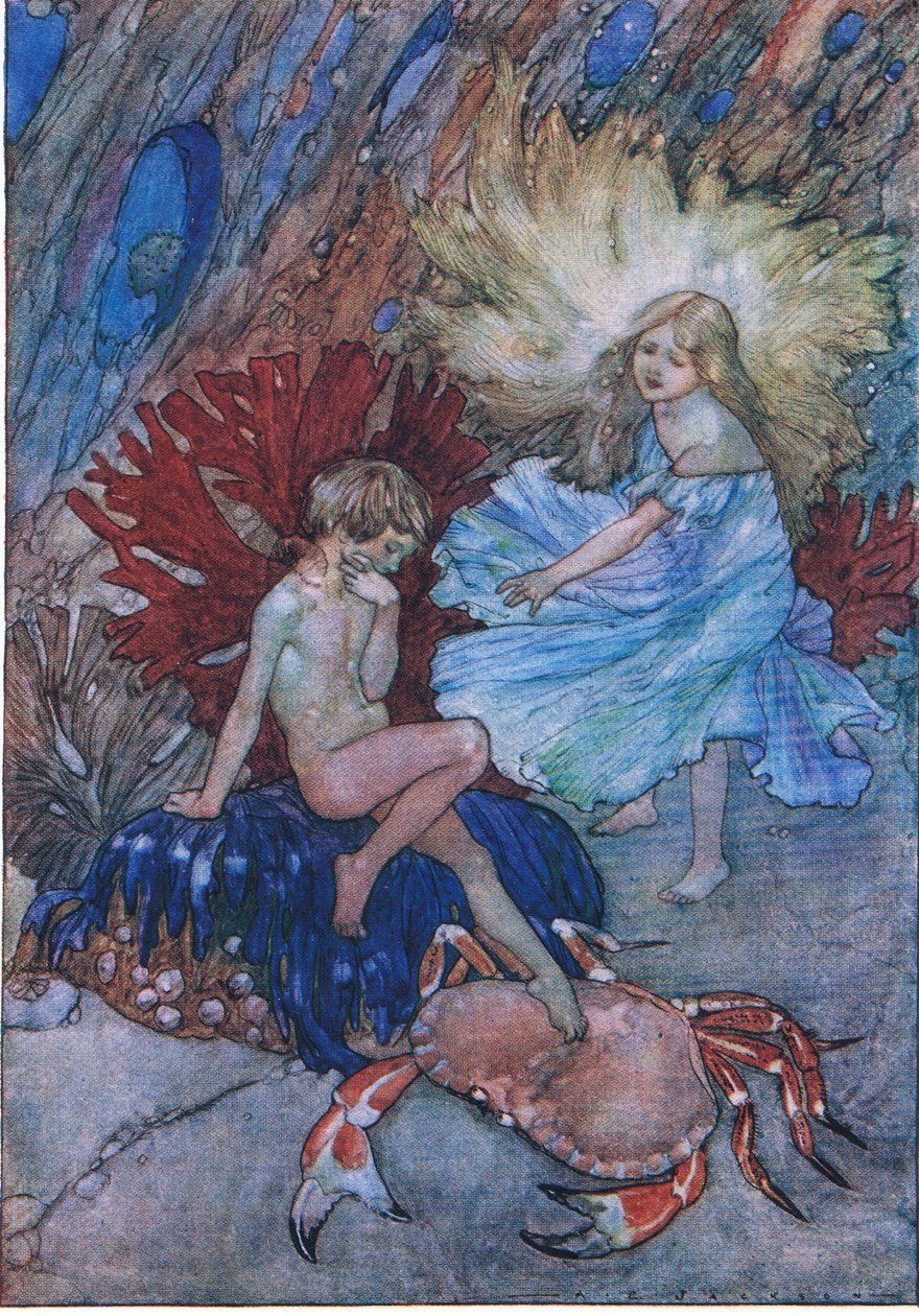 „Nie, nie szturchaj tego biednego kraba w sprawie Toma”, z pubu The Water Babies, autorstwa Humphrey Milford Oxford University Press, ok. 1930 r. (litografia kolorowa) autorstwa Albert Edward Jackson