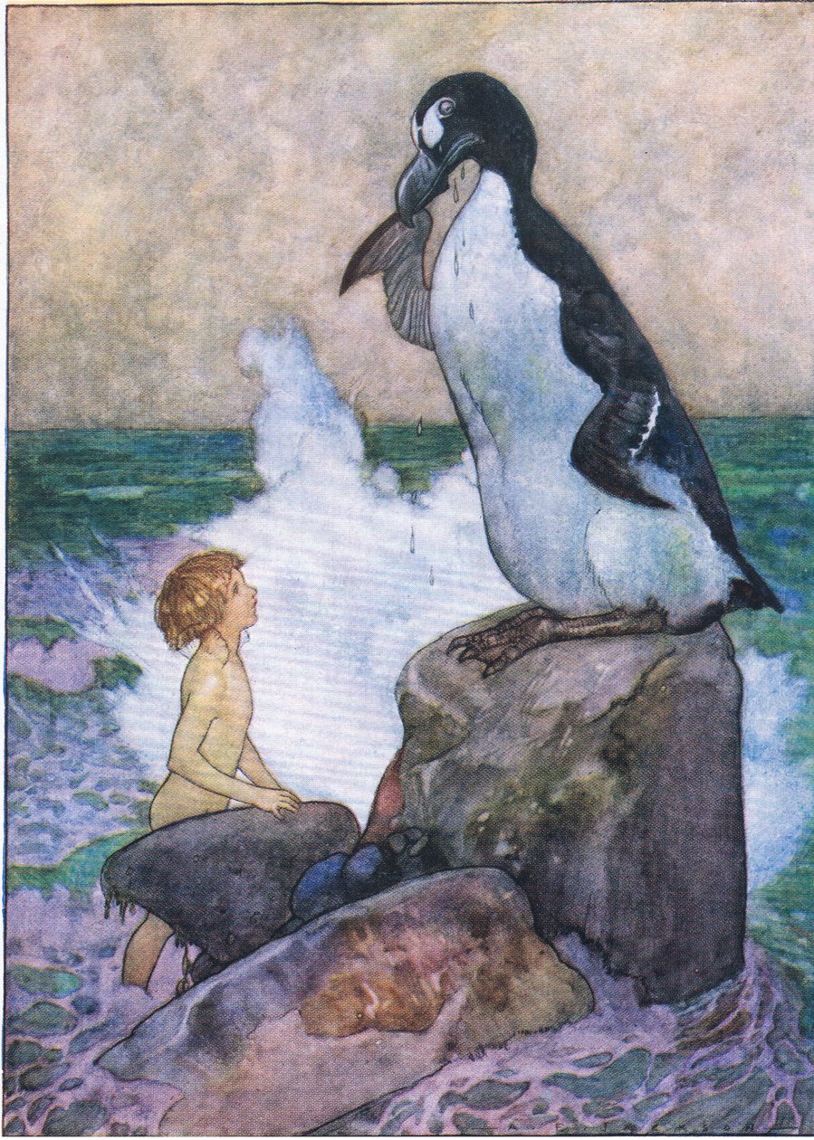 Biedny olf Garfowl zaczął płakać łzami czystego oleju, z publikacji The Water Babies, Humphrey Milford Oxford University Press, ok. 1930 r. (litografia kolorowa) autorstwa Albert Edward Jackson